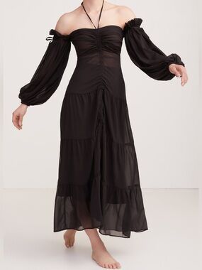 SLEEPING WITH JACQUES Brontë Silk Chiffon Ruched Milkmaid Balloon Dress 📐L/US8